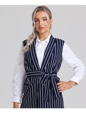 New 89th & Madison Navy and White Pinstripe Sleeveless Wrap Vest - Size Large